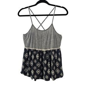 Rue 21 Women's Boho Flowy Peplum Tank Top Sz L Navy Aztec Soft Rayon Criss Cross